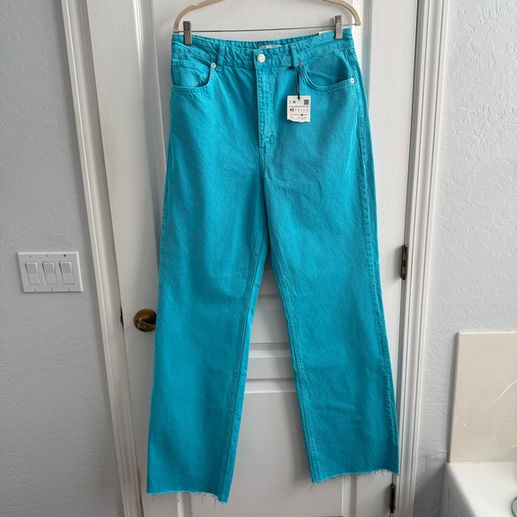 NWT ZARA Full Length High Waist Wide Leg Turquoise Jeans Five Pocket Size 10 - Picture 6 of 17